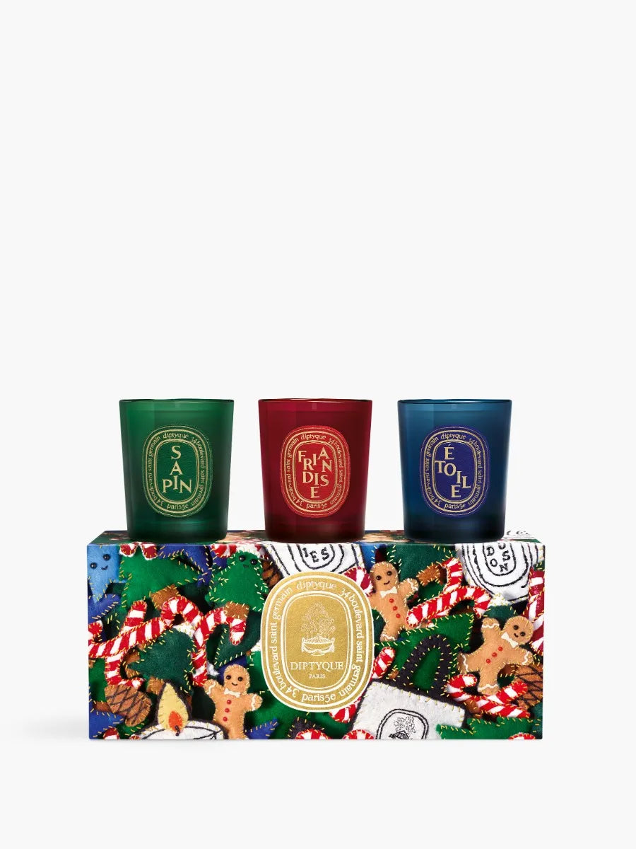 Sapin (Tanne), Friandise (Süßer Genuss), Étoile (Stern) - Geschenkbox mit 3 kleinen Kerzen