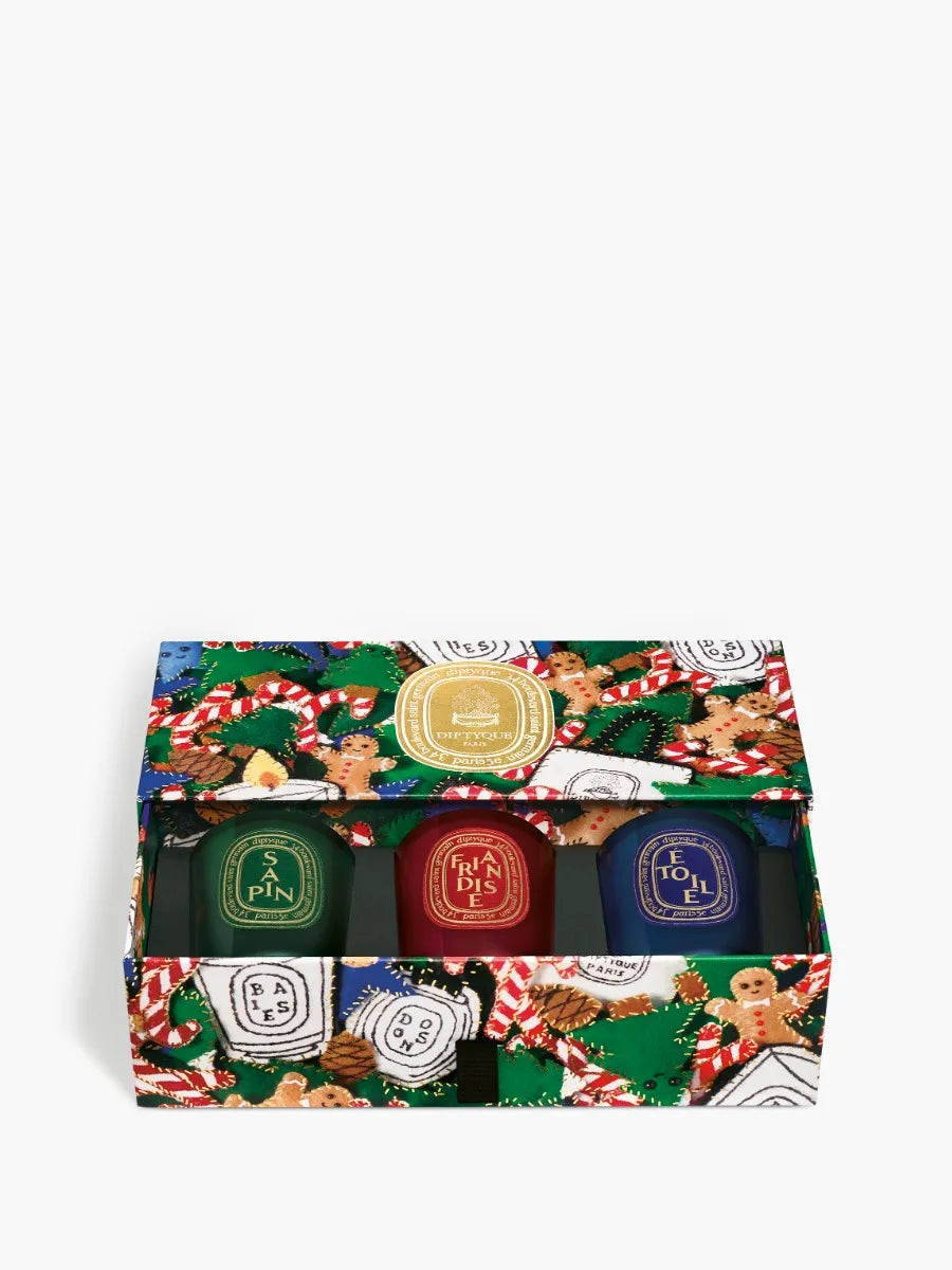 Sapin (Tanne), Friandise (Süßer Genuss), Étoile (Stern) - Geschenkbox mit 3 kleinen Kerzen